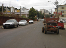 O trânsito de Caçador, que está se tornando um caos, ainda conta com a participação inusitada de veículos não autorizados a circular. A imprudência é grande. Na foto, um carroceiro passa tranquilamente um semáforo fechado e segue bem no meio da rua 25 de março. Foto: Rafael Seidel - 17/03/2008